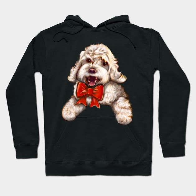 Cute white Cavapoo Cavoodle puppy dog with red bow  - cavalier king charles spaniel poodle, puppy love Hoodie by Artonmytee